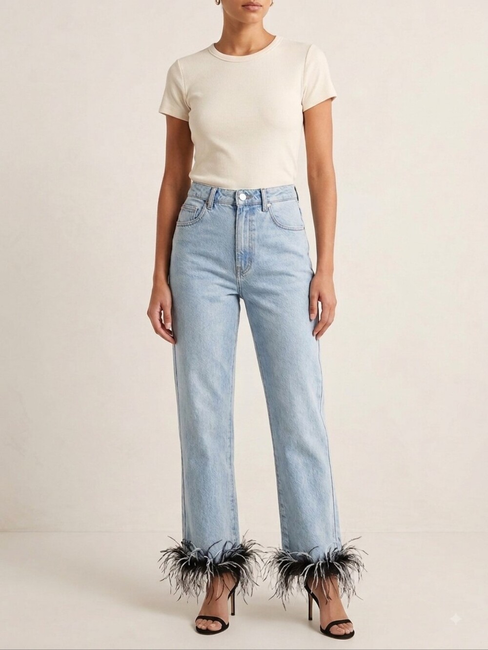 Miss Lola Light Blue Jeans with Feather Hem Trim